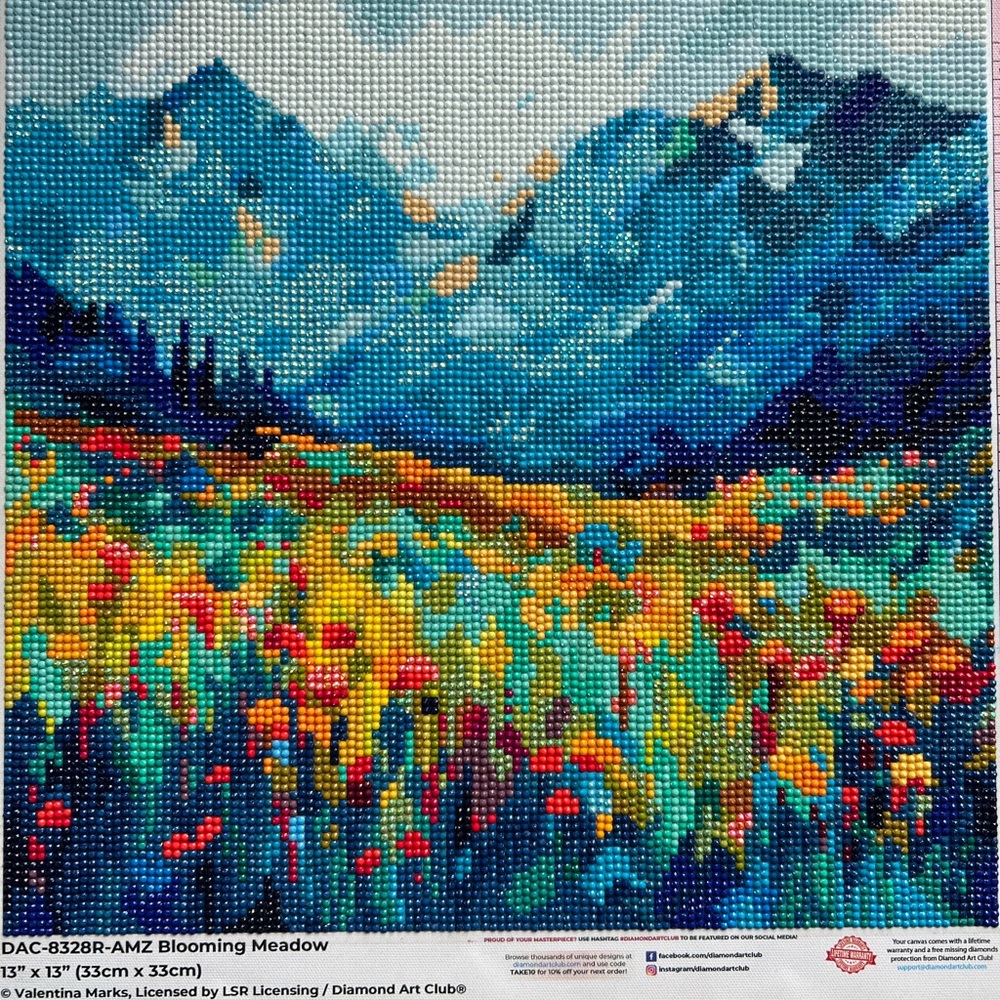 Blooming Meadow Diamond Art Club - Blue Teal Landscape completed art 13” square